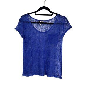 Mudd Floral Mesh Top L Blue Sheer Y2K Lace Fairy Whimsical Chic Neutral Punk 80s